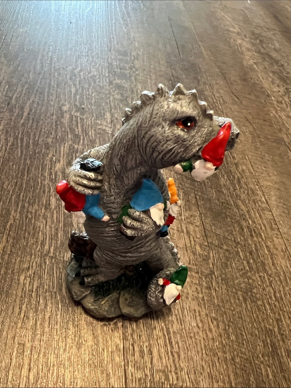 Gray Godzilla Figurine with Colorful Gnomes - Decorative Reptile-Themed Ornament